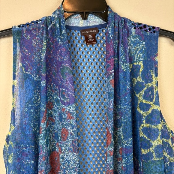 Multiples Blue w/ Multicolored Accents Mesh-Like Open Front Asymmetrical Vest - Picture 2 of 10